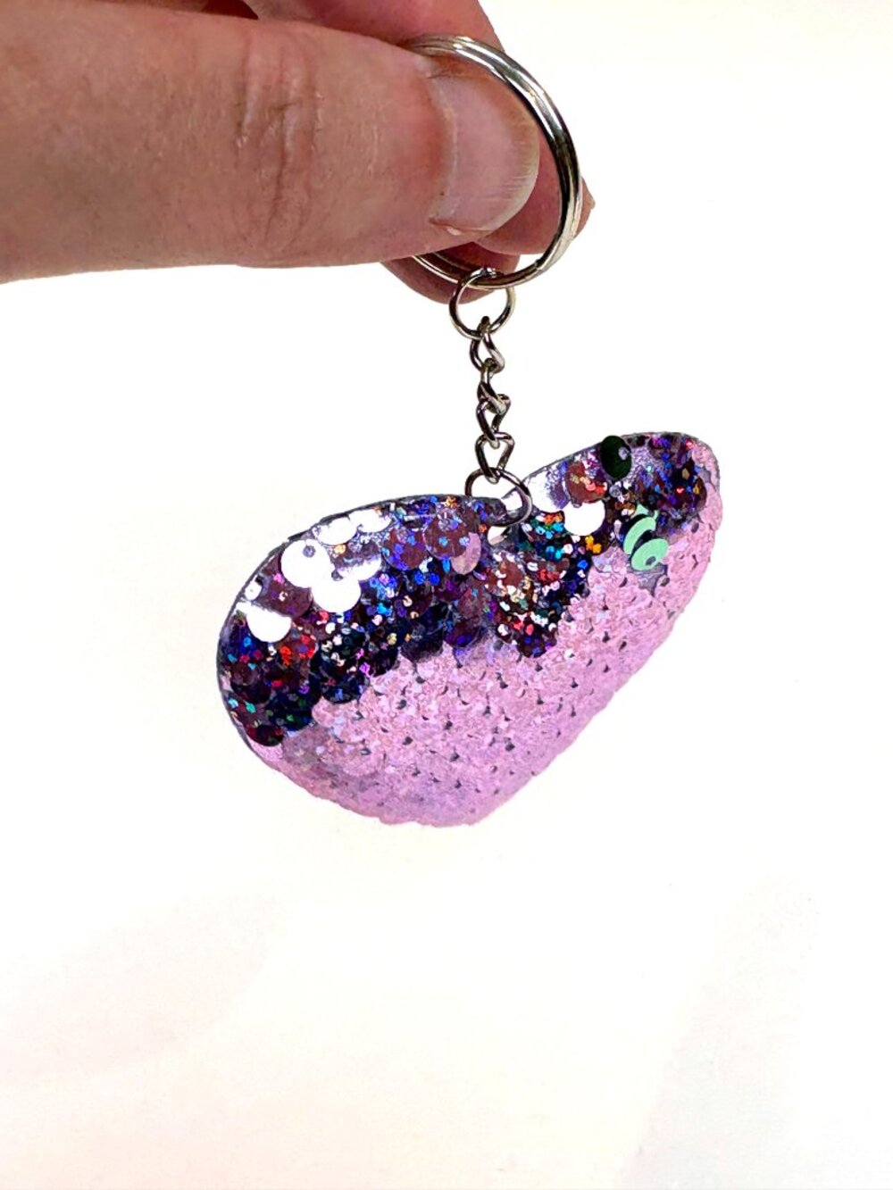 Stylish pink purple sequin heart keychain bag charm. New - Picture 4 of 9